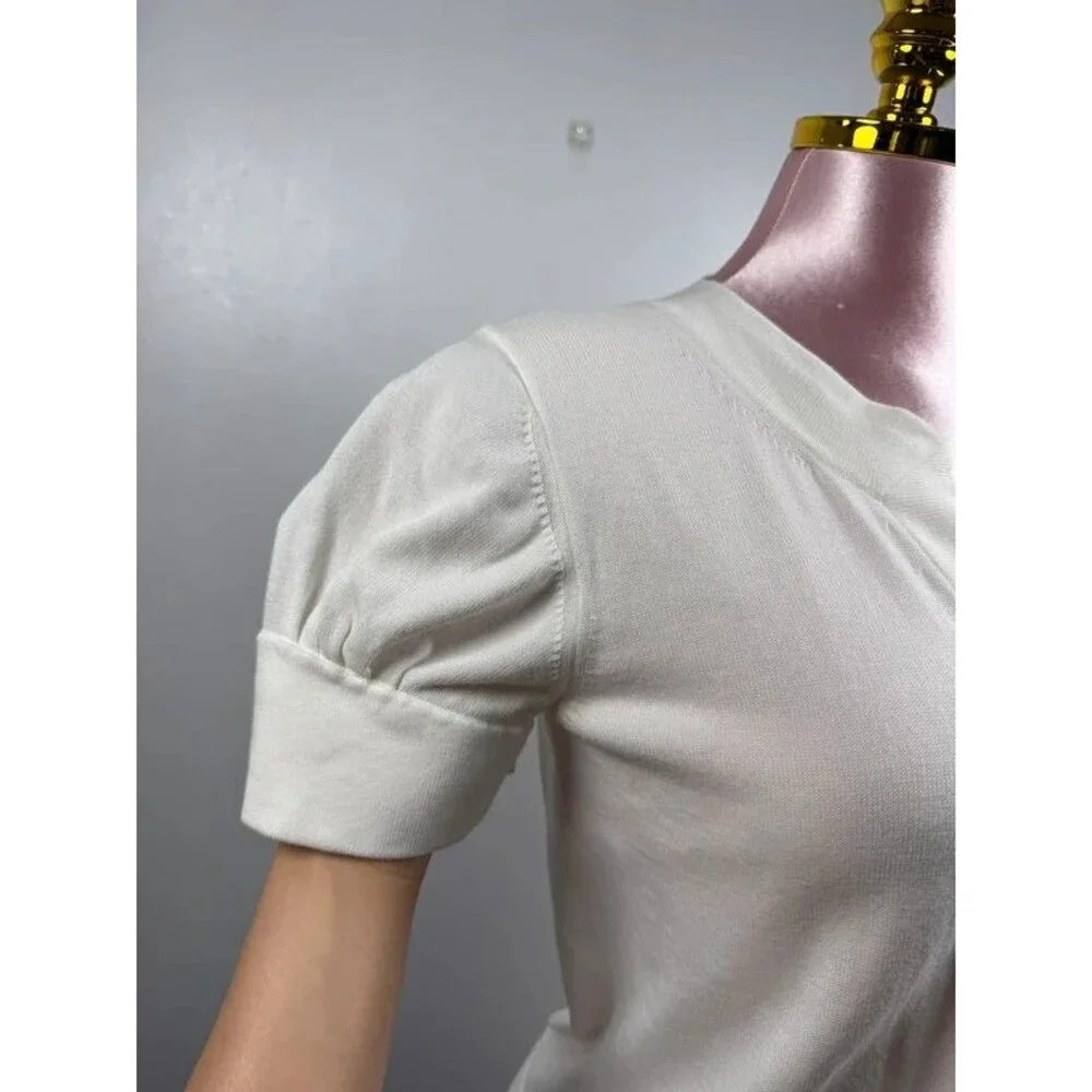 Banana Republic Ivory 100% Cotton Puff Sleeve Split Neck Knit Top Size M